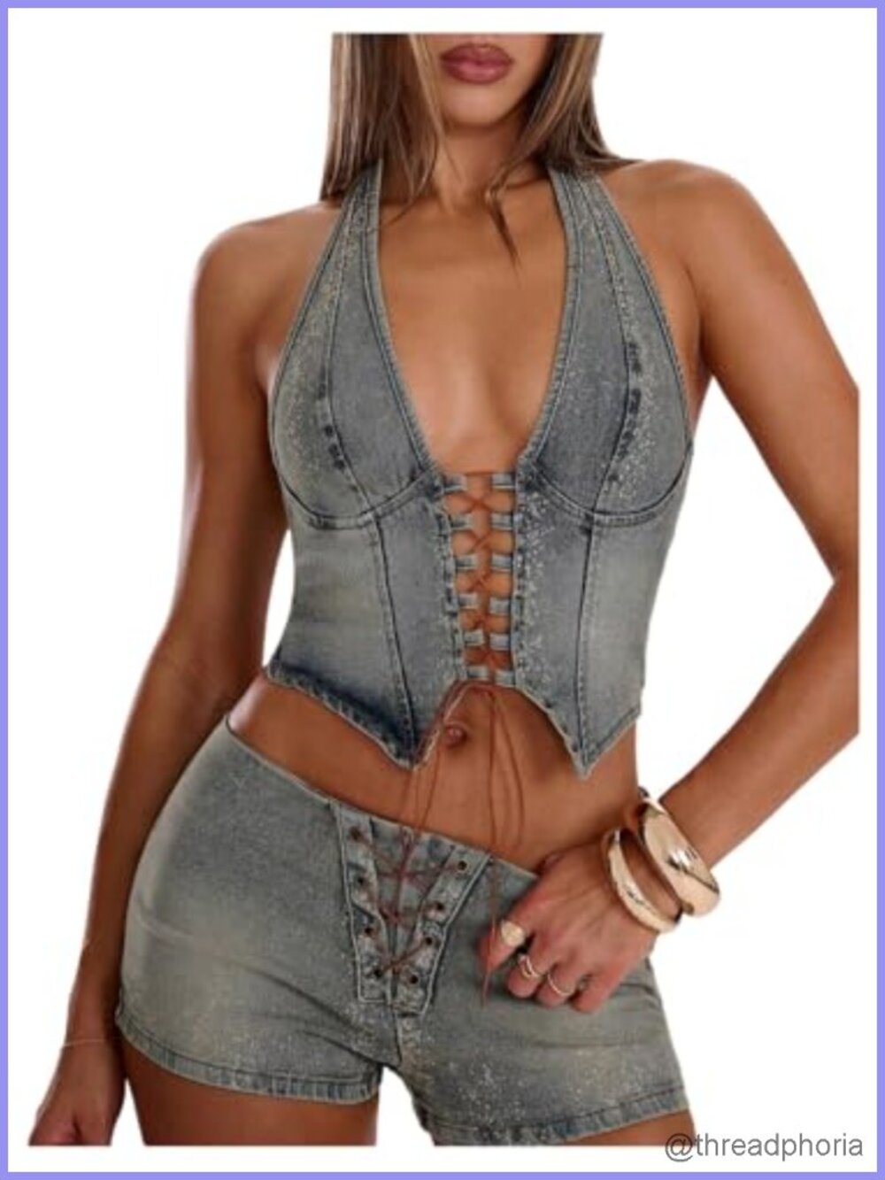 Women's Lace Up Deep V Open Back Denim Halter Crop Tank Top Y2K